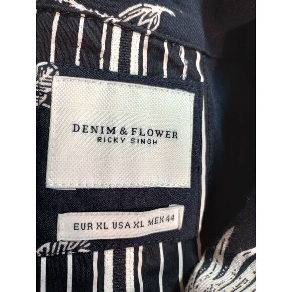 Denim and Flower Shirt Men's Extra Large Button Front Short Sleeve Black Tan Flo - Picture 5 of 7